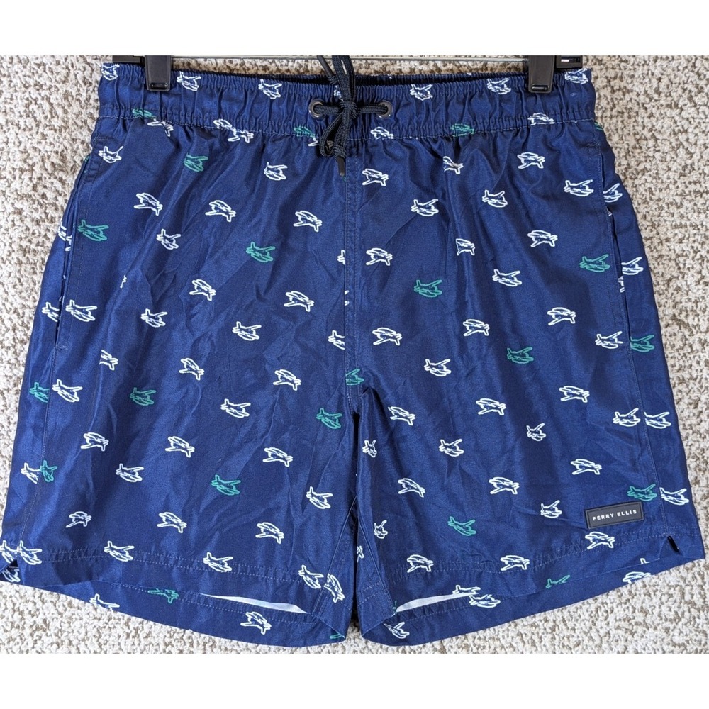 Perry Ellis Swim Trunks All Over Sea Plane Print Men's‎ Medium Blue Swim Surf